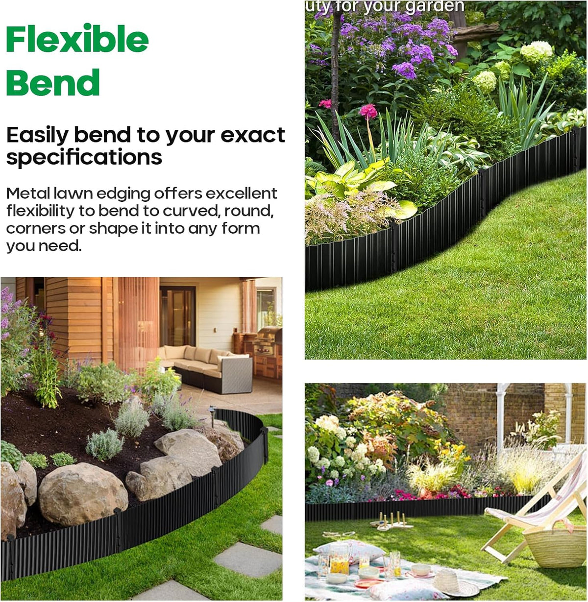 Corrugated Metal Garden Edging,Sturdy Tall Landscape Edging Borders with 6pcs Anchor Stakes, Perfect DIY for Flower Beds, Lawn and Pathway,Tree Surrounds,Paver Edges (Black 10"×20FT)