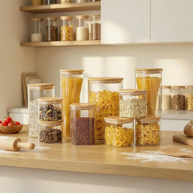 42oz - 4 Pack Square Glass Jars with Bamboo Lids, Glass Food Storage Containers with Airtight Lids for Kitchen, Air Tight Pantry Storage Containers for Cereal, Pasta, Rice, Sugar, Coffee, Spice