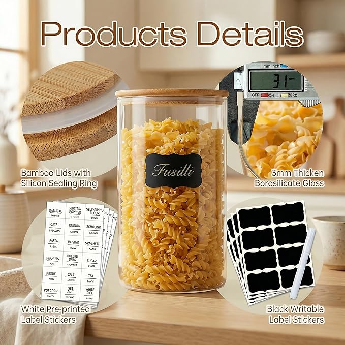 HomArtist Glass Jars with Bamboo Lids 27 FL OZ [Set of 6], Glass Canisters with Airtight Lids, Glass Food Storage Containers for Coffee, Sugar,Tea, Candies, Cookies,Best for Kitchen & Pantry
