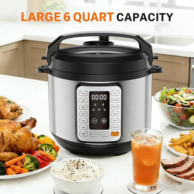 HealSmart 6QT Electric Pressure Cooker, 16-in-1 & Non-Stick Stainless Steel Multi Cooker with 12 Presets for Slow Cook, Meat Stew, Steam, Sauté, Canning, Yogurt Maker, Dishwasher Safe, Silver