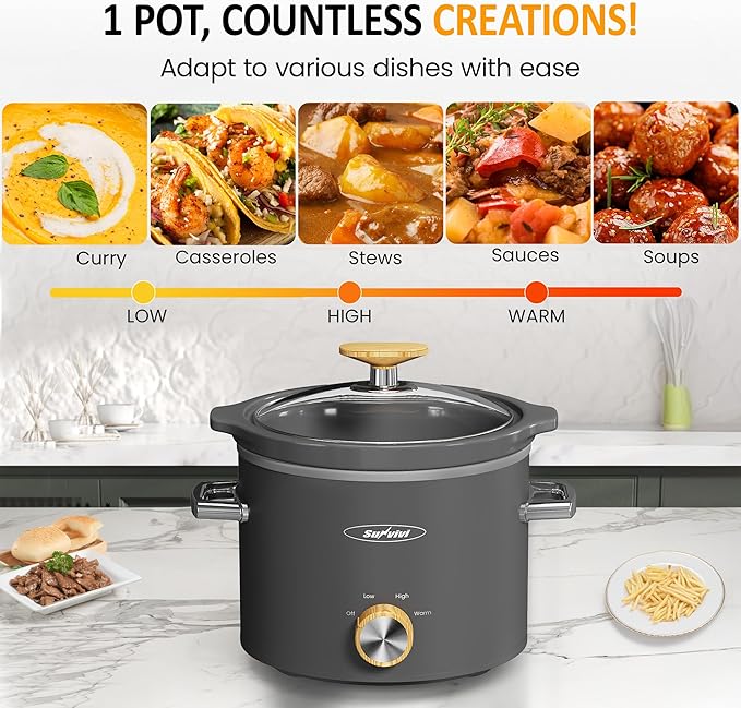 SUNVIVIPRO Small Slow Cooker with Removable Ceramic Pot, Food Warmer with 3 Heating Settings & Dishwasher Safe Glass Lid, Grey