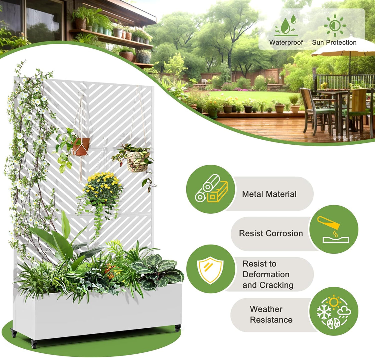 FENCY Metal Raised Garden Bed with Wheels and Trellis,73"x47"x16" Planter Box for Climbing Plants, Vegetables & Vines, Features Privacy Screen and Drainage Holes (White-Arrow)