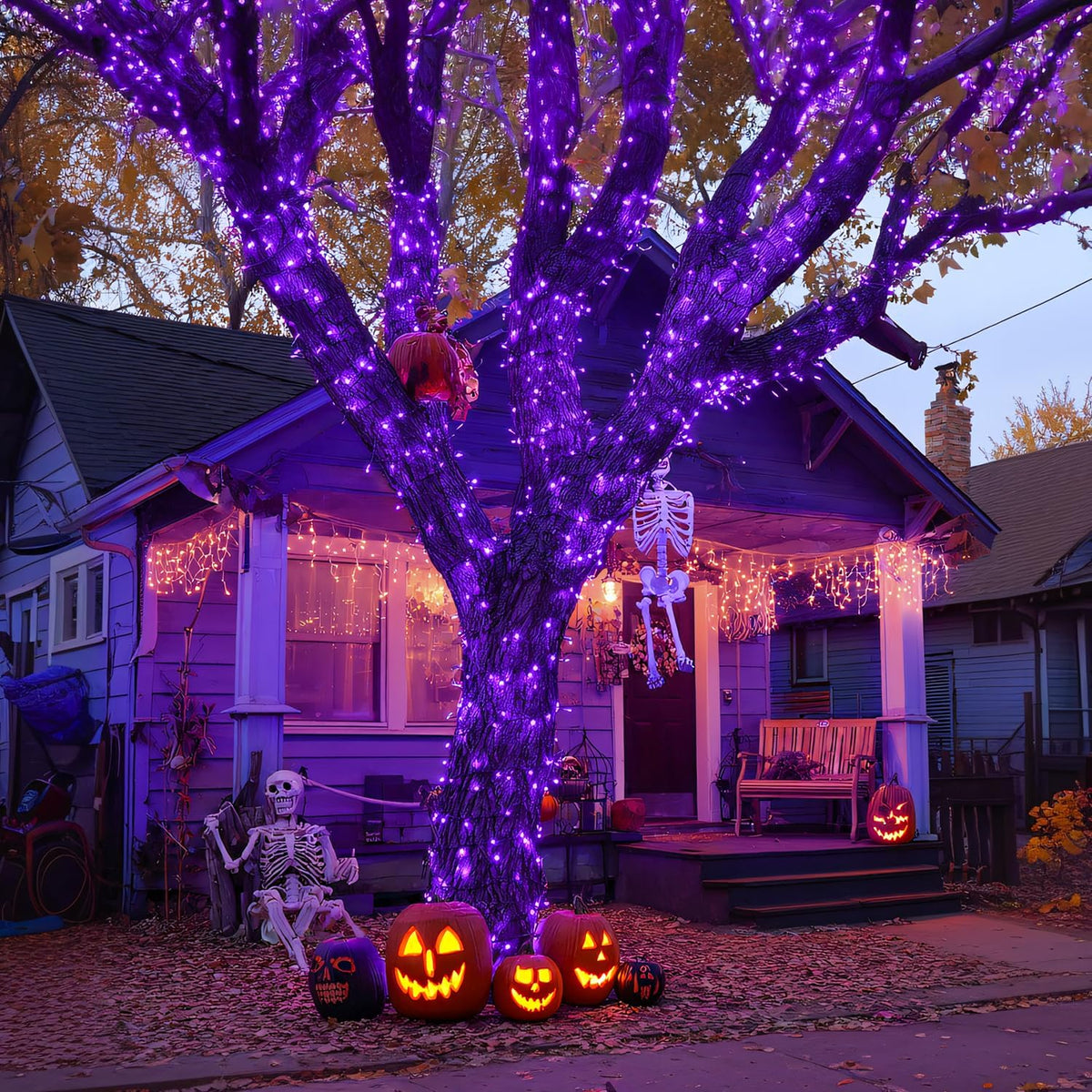 JMEXSUSS 2 Pack Purple Solar Halloween Lights, Total 400 LED 151FT Purple Halloween Lights Outdoor Waterproof, 8 Modes Solar Christmas Light for Outside Patio Yard Tree Decorations