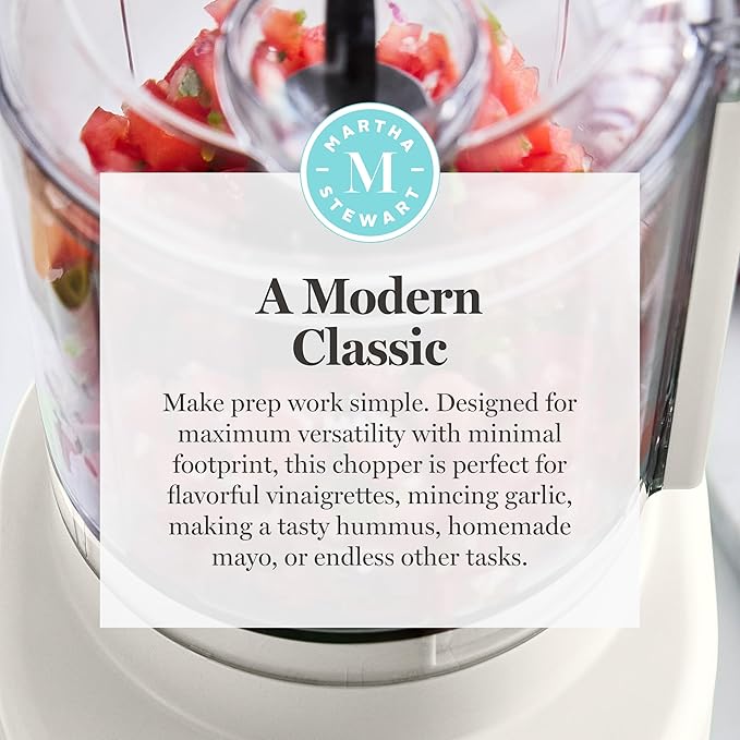 Martha Stewart 3 Cup Electric Food Chopper, Vegetable & Herb Mini Food Processor, 24oz BPA-Free Bowl, Stainless Steel Blades, Pour Spout, Dicing, Mincing, Chop & Puree, Dishwasher Safe, Linen
