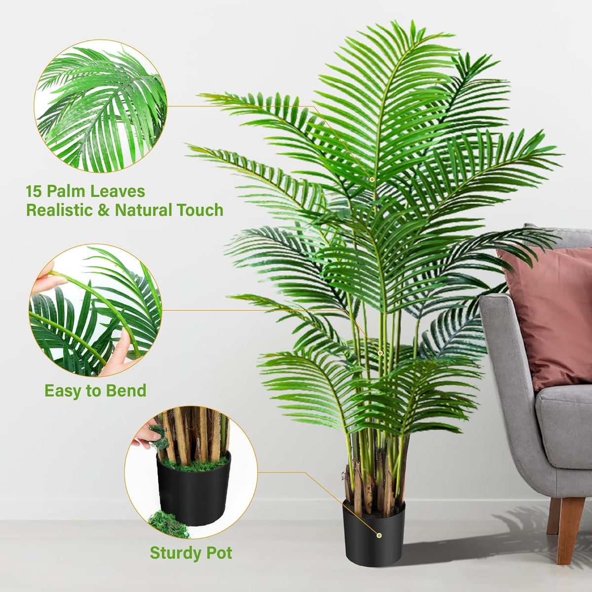 KOL 6ft 2-Pack Artificial Areca Palm Plant in Pot, Fake Tropical Cane Palm Silk Tree Indoor Outdoor, Dypsis Lutescens Plants, 70in Lifelike Faux Silk Plant Home Garden Decoration, Housewarming Gift