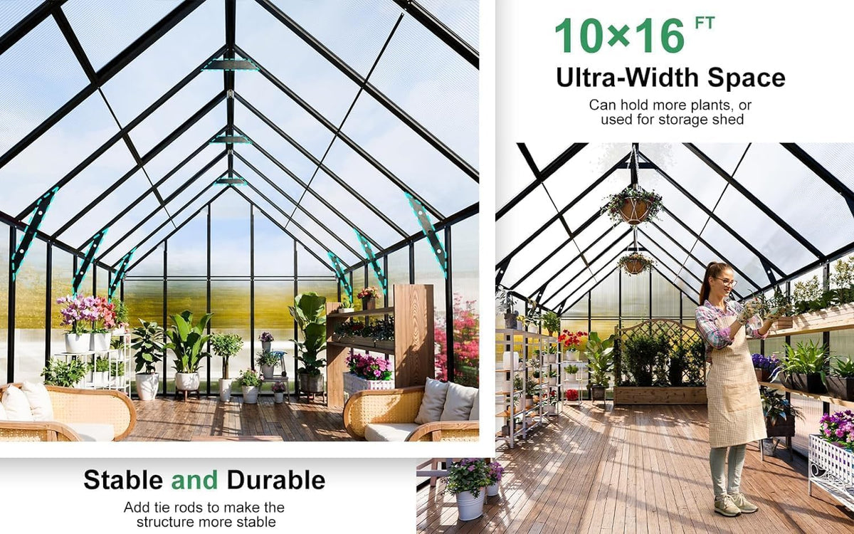 CDCASA 16.5x10.2x10 FT Greenhouse for Outdoors,Easy Assembly Large Polycarbonate Greenhouse Aluminum Greenhouses w/3 Vents Window, Swing Door, Walk-in Green House for Patio, Backyard, Garden, Black