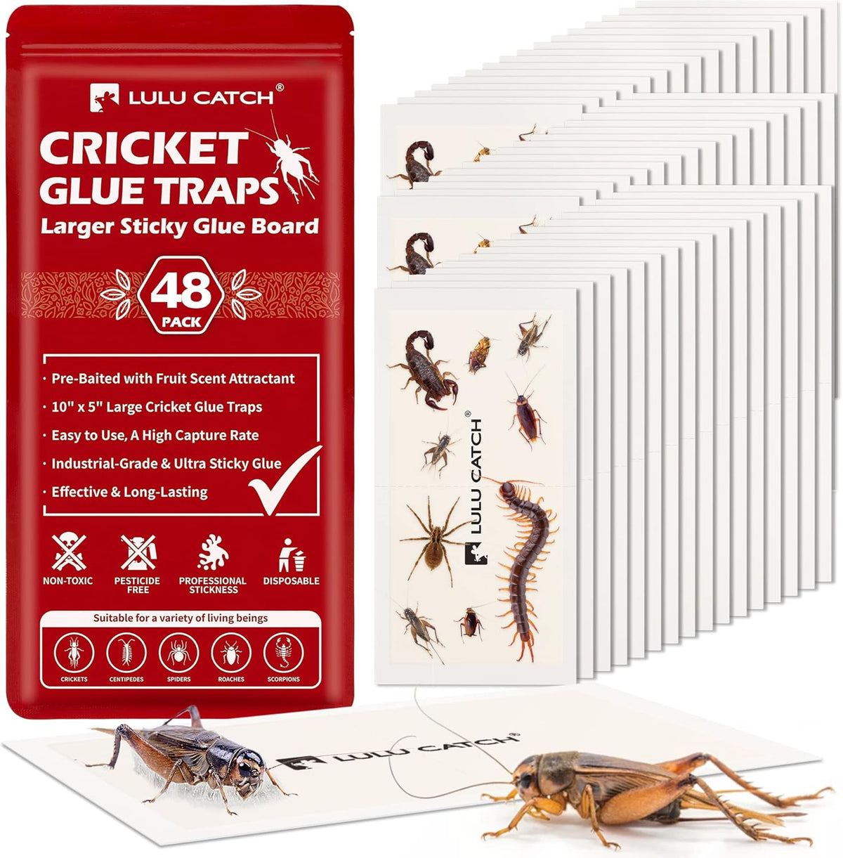 LULUCATCH Cricket Insect Glue Traps - 48 Pack Bug Sticky Traps, Large & Adhesive Spider Scorpion Trap with Pre-Baited Attractant, Highly Effective Glue Boards Indoor, Non-Toxic, Pet Safe Pest Control