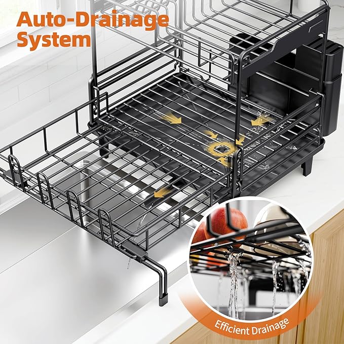 Urackify Dish Drying Rack - Extendable Dish Drainer, Large Dish Rack for Kitchen Counter, Rustproof Dish Strainer with Utensil Holder and Cups Holder, 2 Tier Black