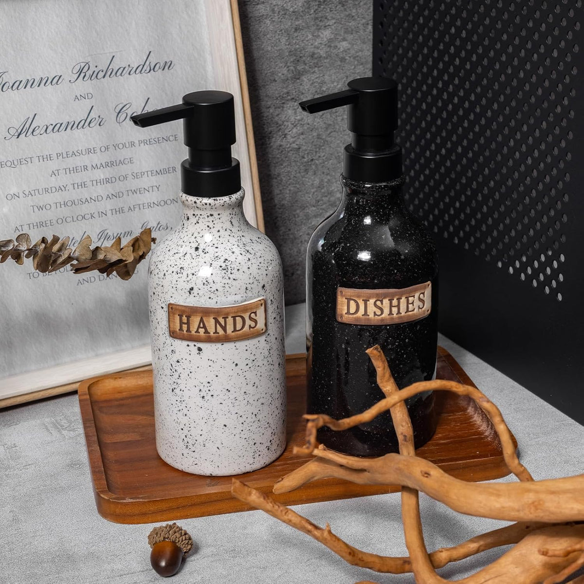Hand and Dish Dispenser for Kitchen Sink, Ceramic Soap Dispenser Bathroom Countertop, 18 OZ Vintage Handwash Liquid Pump Dispenser for Bathroom Farmhouse Vintage Kitchen Decor