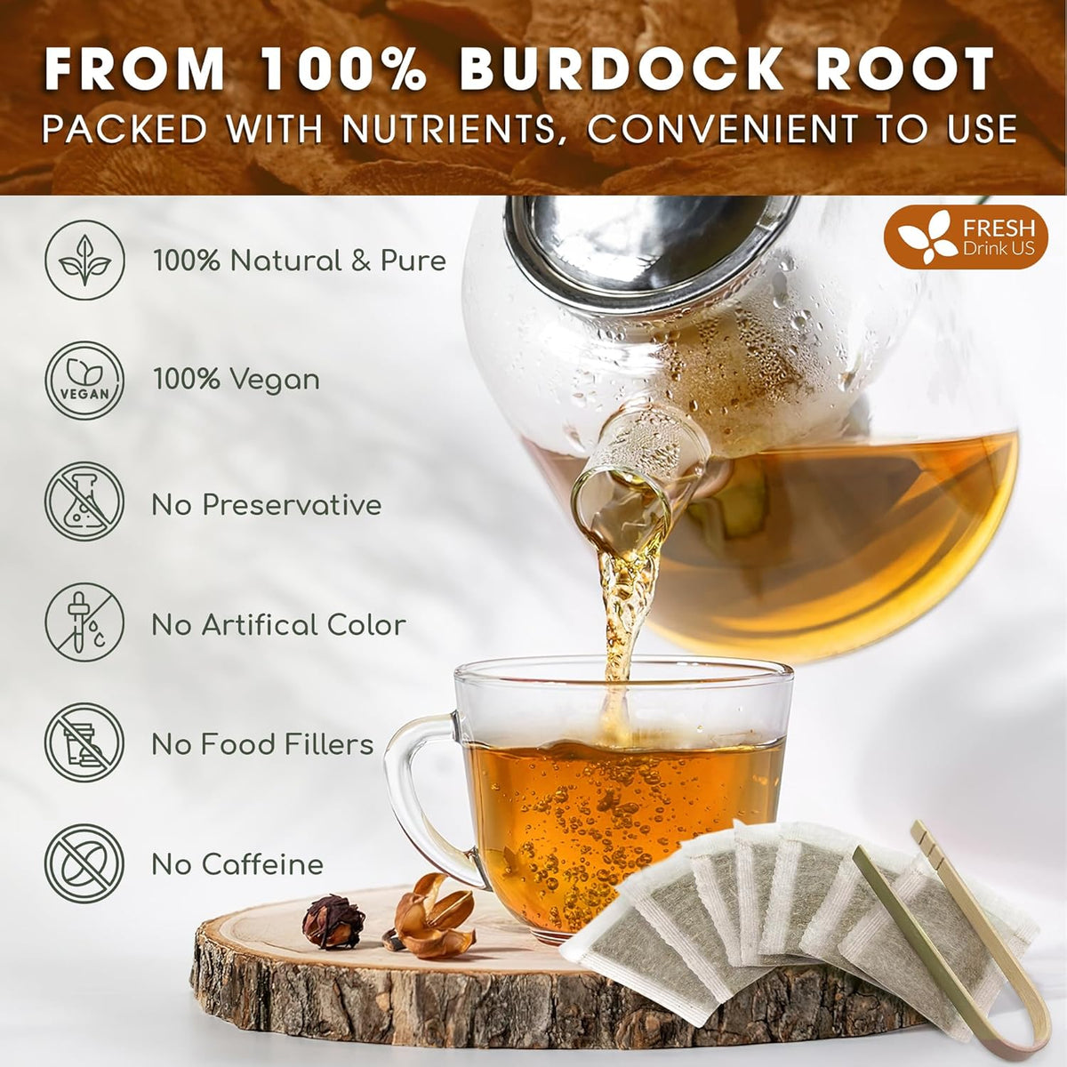 FreshDrinkUS Premium Burdock Root Tea Bags, 100% Natural & Pure. Burdock Herbal Tea, Made with Natural Material Tea Bags. No Sugar, No Caffeine, No Gluten, Vegan