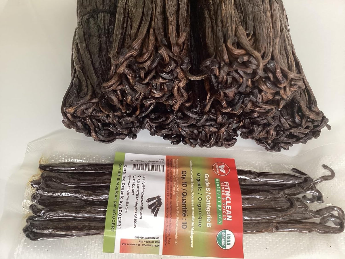 10 Organic Madagascar Vanilla Beans Grade B. Certified USDA Organic 5.5"-7" for Extract and Cooking by FITNCLEAN VANILLA| Whole NON-GMO Bourbon Pods