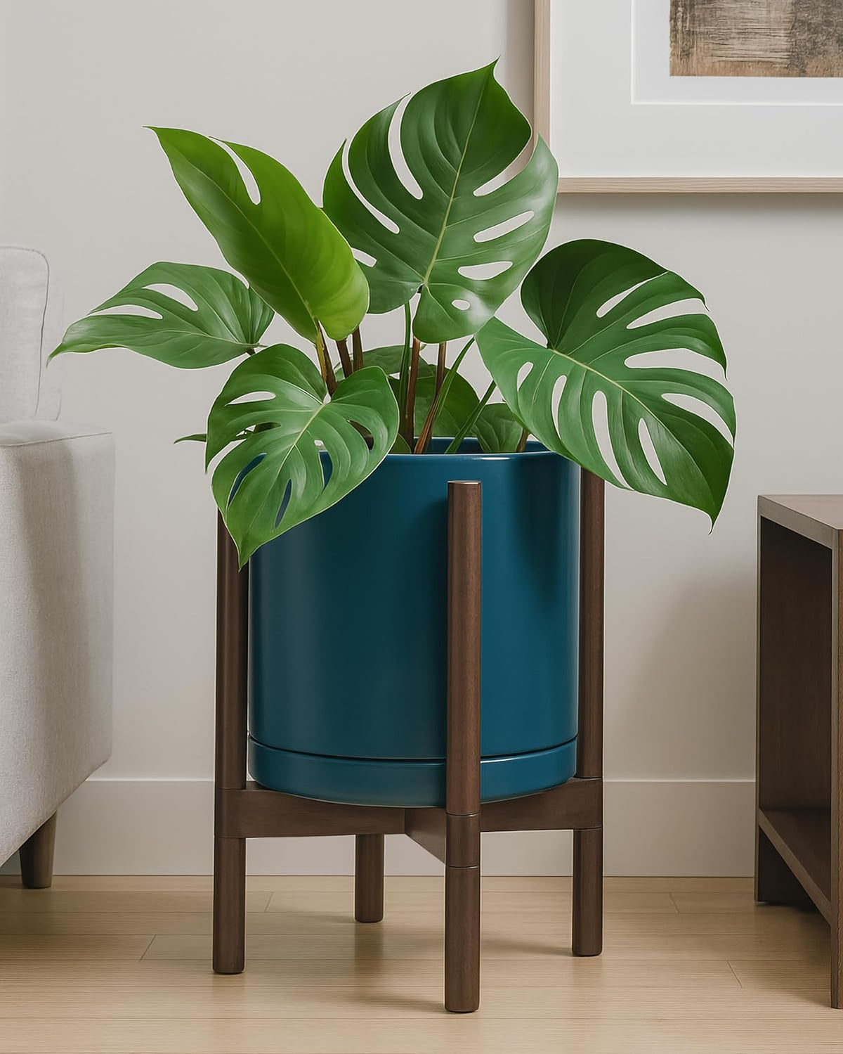 D'vine Dev Ceramic Planter with Walnut Color Stand - 12 Inch Modern Round Flower Pot with Wood Planter Holder, Teal, 55-B-W-4