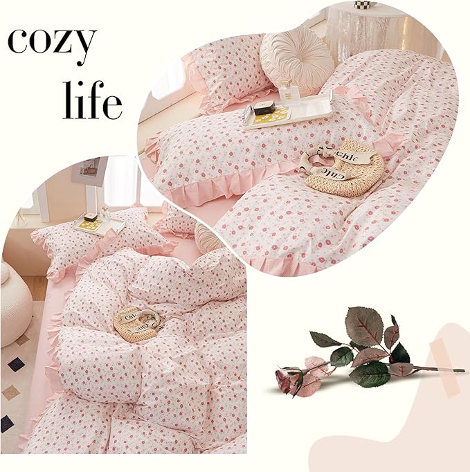 Pink Floral King Comforter Set Chic Flower Bedding Ruffled Comforter Set King Vintage Garden Floral Comforter with Lace Reversible Flower Botanical Comforter Fluffy All Seasons Bedding Set King