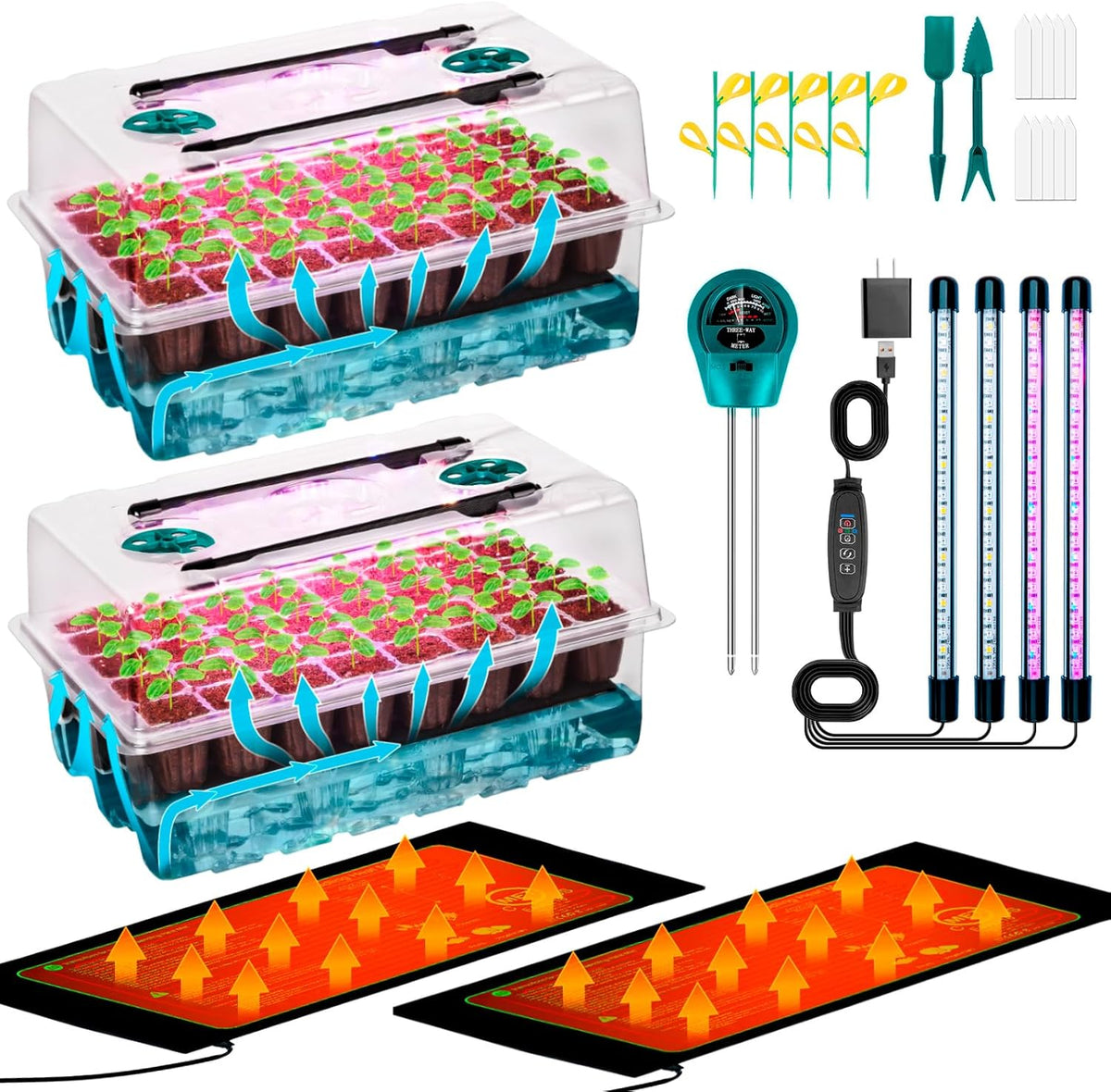 Self-Watering Seed Starter Tray with Grow Light and Heat Mat, 80-Cell Plant Starter Trays Seed Starter Kit, Seed Starter Tray for Seed Starting, Plant Germination & Seedling Growing, 2 Pack