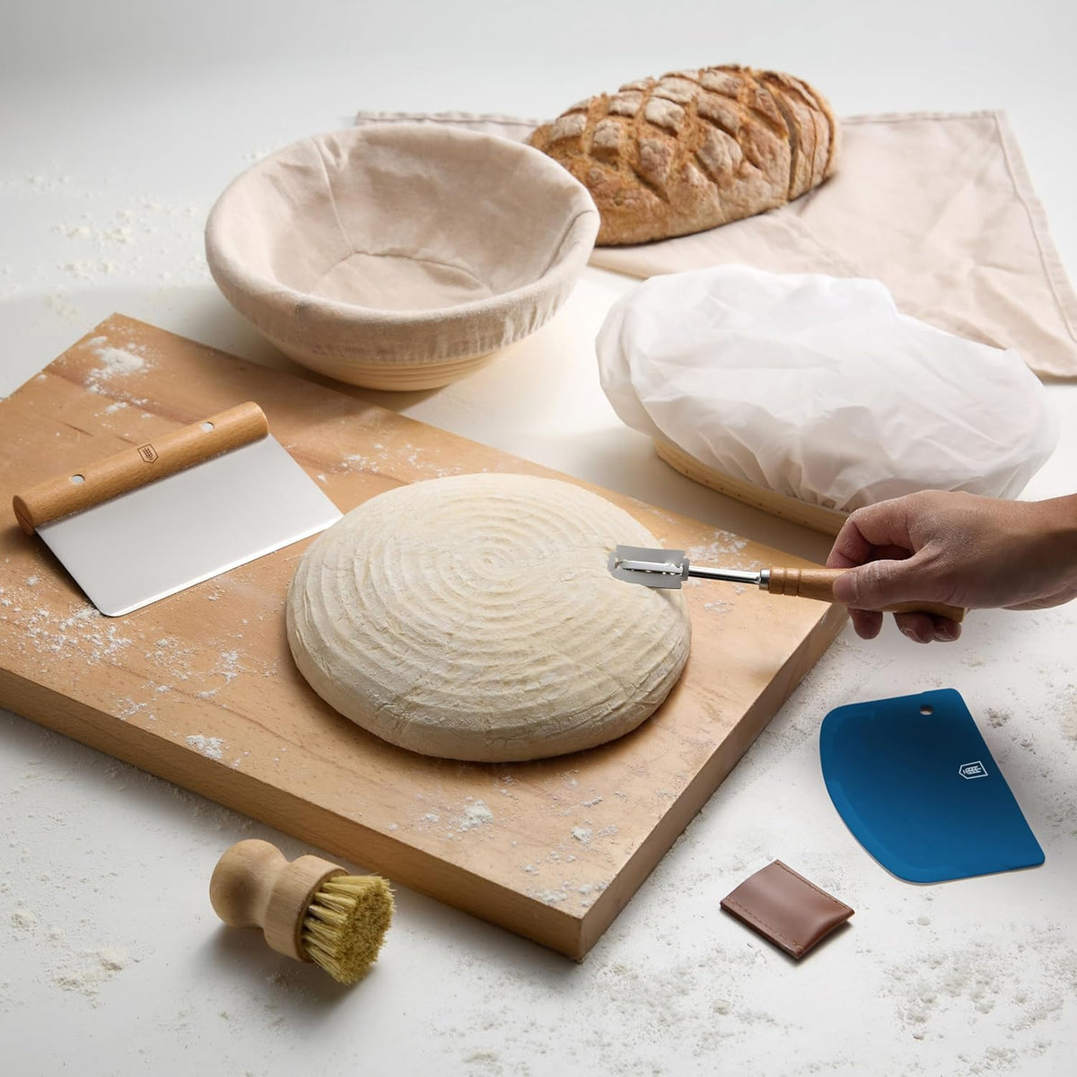 Bread Proofing Set, by Kook, Sourdough Bread, Rattan Baskets and Liners, 1 Round and 1 Oval Banneton Basket, Dough Scrapers, Scoring Lame & Case, 4 Blades, Brush, Plastic Dough Cover, Set of 2