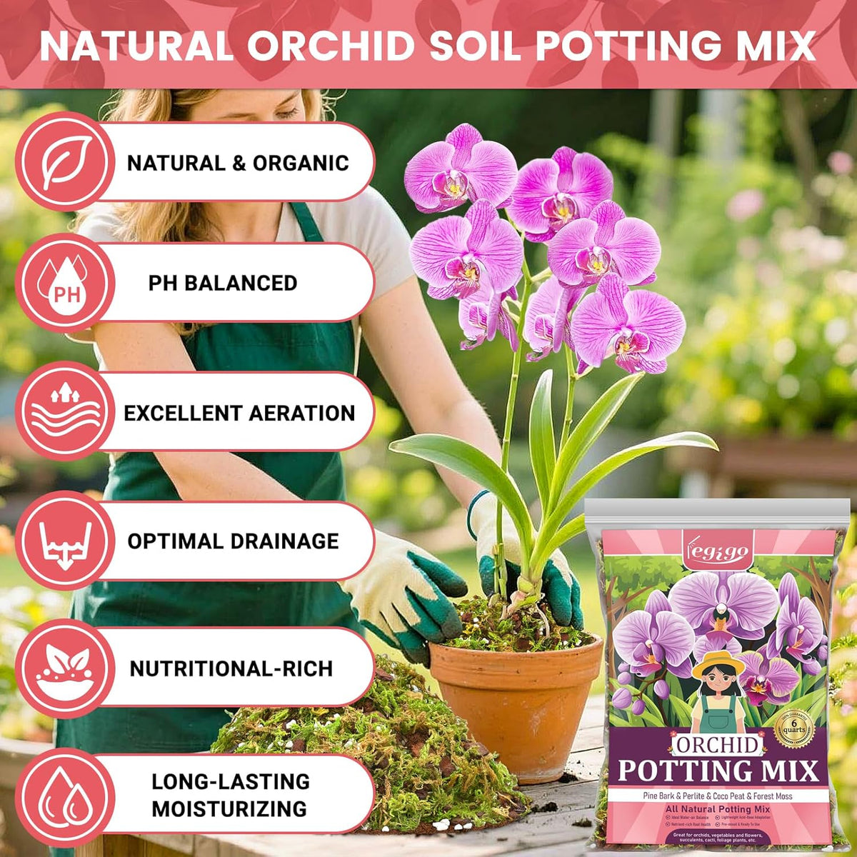 Legigo 1 QT Orchid Potting Mix- Natural Orchid Soil Mix for Repotting with Moss, Pine Bark, Coco Peat and Perlite, Enhanced Drainage Orchid Bark Potting Mix Repotting Kit for Indoor Plant Growth