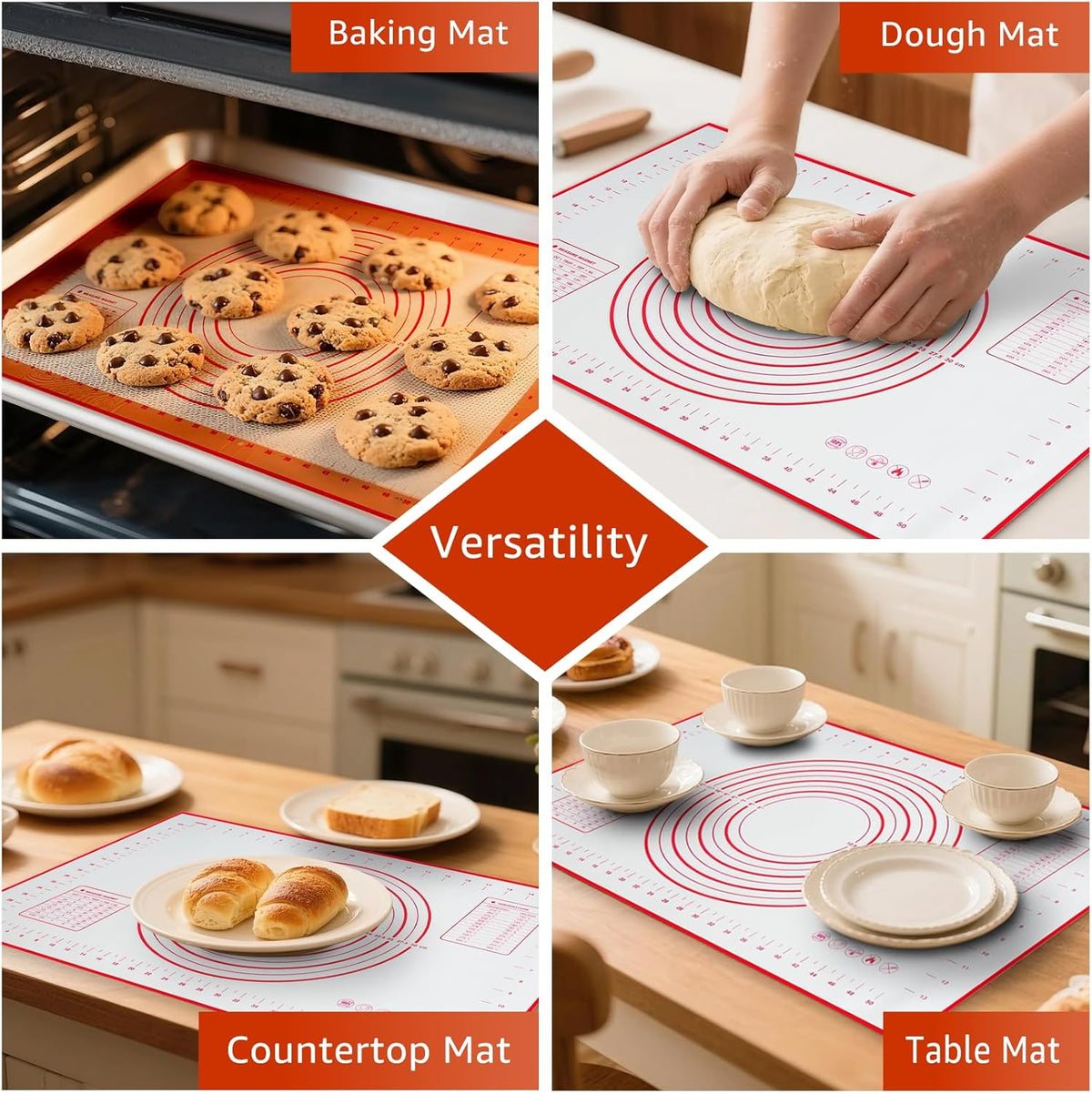 Silicone Baking Mat - Non Stick Pastry Mat Sheet for Dough Rolling, 0.7MM Thick Non-slip Baking Mat With Measurements, Reusable, Easy Clean Silicone Mats for Kitchen Counter (Black)