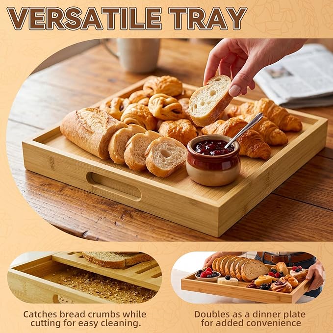 Adjustable bread slicer and multi-purpose tray for slicing handmade bread, sourdough, large loaves, baguettes, and other homemade breads. Suitable for home bakers and bread enthusiasts.