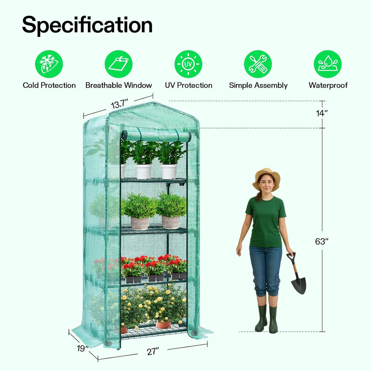 VIVOSUN Mini 4-Tier Greenhouse with Wheels, 27 x 19 x 63-Inch Reusable Portable Warm House with Green PE Cover and Shelf for Compact Garden and Small Backyards, with Wheels