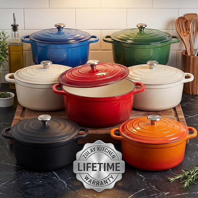 Zulay Kitchen 7.7 Quart Enameled Cast Iron Dutch Oven Pot with Lid – Premium Durability & Oven Safe up to 500°F – Heavy Duty Cookware Perfect for Bread Baking, Stews, Braising & Roasting – Ablaze Red