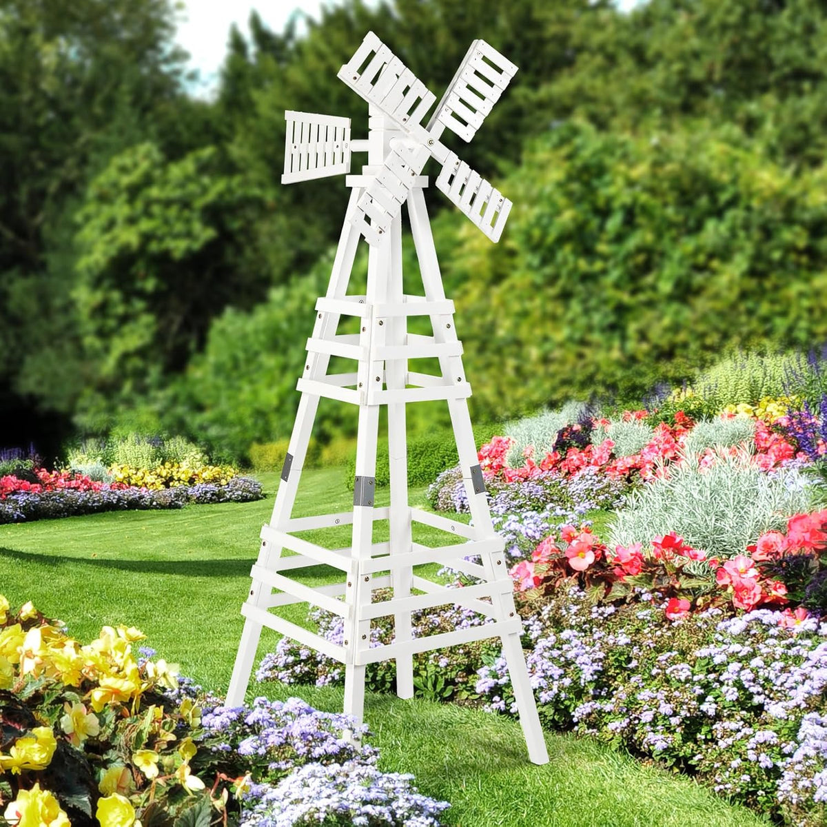 VINGLI Outdoor Yard Windmill, Wooden Wind Spinner for Garden Lawn Yard Patio Decoration (White, Medium)