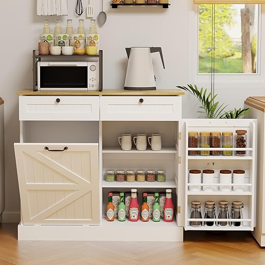 RASOO Trashcan Cabinet for Kitchens 10 Gallons Tilt Out Trash Recycling Cabinet with Hideaway Drawers, 1 Door with Storage Rack for Laundry Room, Pantry, Kitchen, White