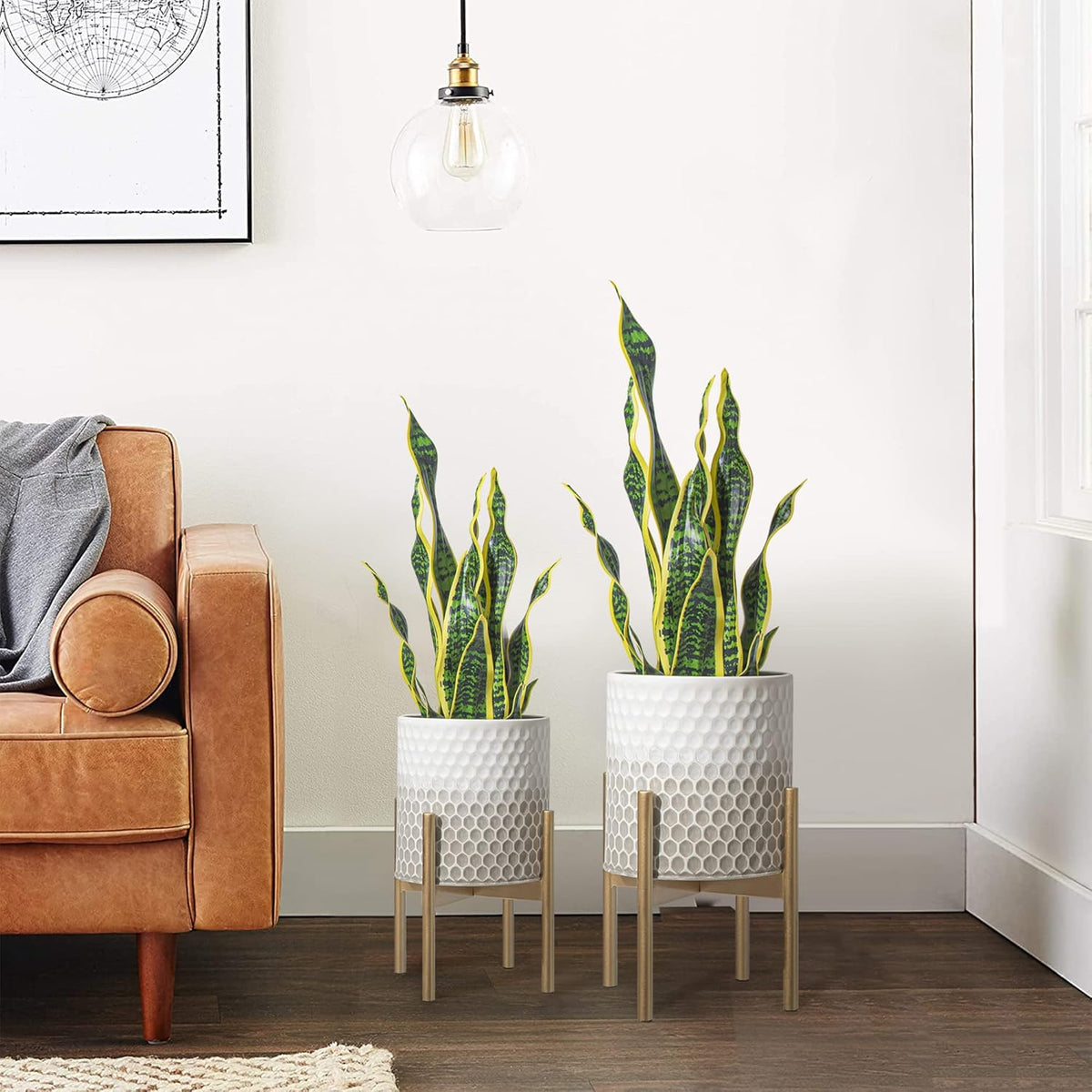 Oakrain Mid Century Planters for Indoor Plants, Set of 2, Modern Decorative Metal Pots for Living Room, Office, Garden or Balcony, Gray and White Gradient Planter with Stand, 8 inch&10 inch
