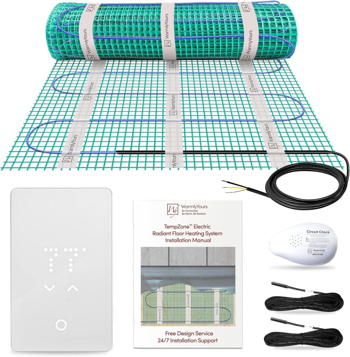 25 Sqft Heated Floor Mat Kit with Radiant Floor Heating System Thermostat UTN5, Two Sensors, Tester, 240V Electric Radiant Floor Heating Mat installs under Bathroom Tile, Vinyl - WarmlyYours TempZone