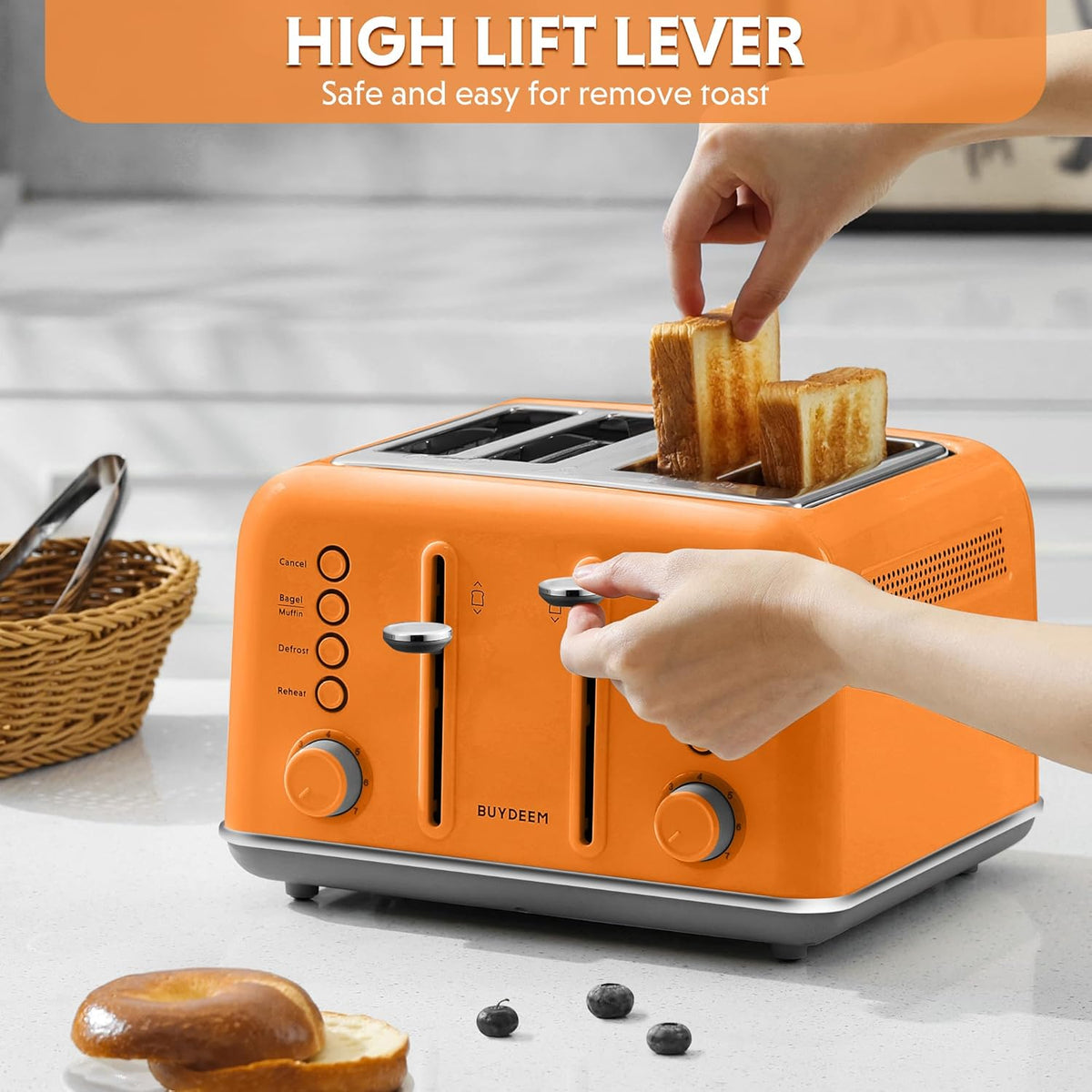 BUYDEEM DT640 4-Slice Toaster, Extra Wide Slots, Retro Stainless Steel with High Lift Lever, Bagel and Muffin Function, Removal Crumb Tray, 7-Shade Settings,Orange