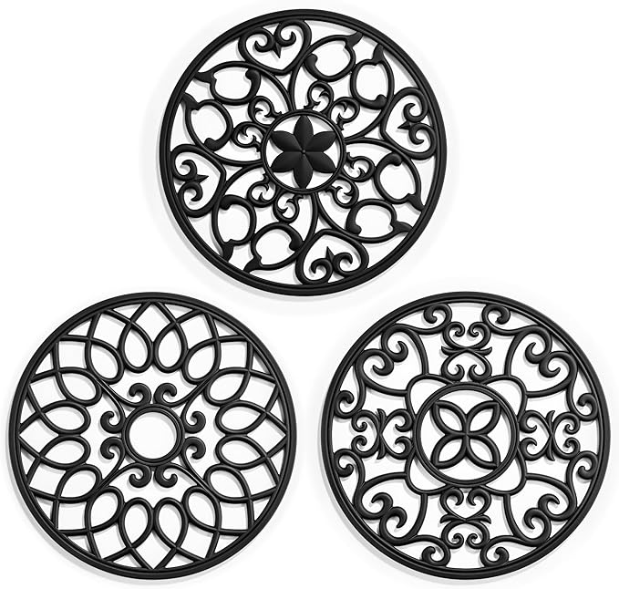SMARTAKE 3 Set Silicone Trivet Mats, Multi-Use Carved Trivet Mat, Insulated Non-Slip Durable Kitchen Mats, Flexible Modern Kitchen Table Mat, for Hot Dishes, Pots, Dining Countertop, Black