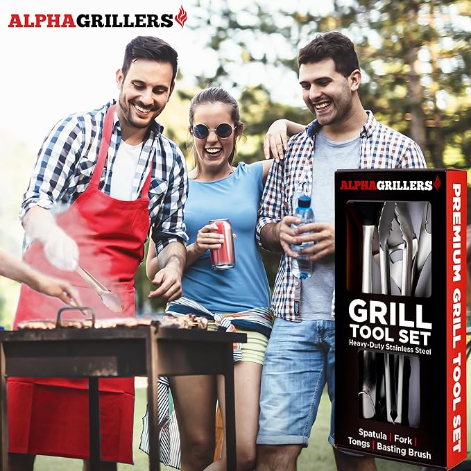 Alpha Grillers Grilling Accessories - Grilling Gifts for Men - BBQ Accessories Grill Tools Set with Spatula, Fork, Brush & Tongs - Outdoor Barbecue Utensils Gifts for Men Dad Him Boyfriend