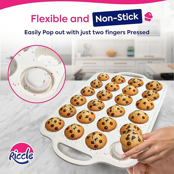 RICCLE 2 Pack Silicone Muffin Pans for Baking with Metal Reinforced Frame - Regular 12 Cup Silicone Muffin Pan & 24 Cup Mini Cupcake Pans - Silicone Cupcake Pan Set - Oven & Dishwasher Safe, BPA-Free