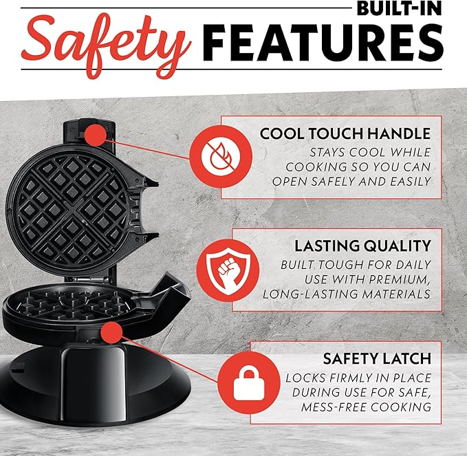Gourmia Dual Pour Waffle Maker – Belgian Waffle Maker with Mess Free Spout, Nonstick Plates, Compact Upright Storage, 800W, Black