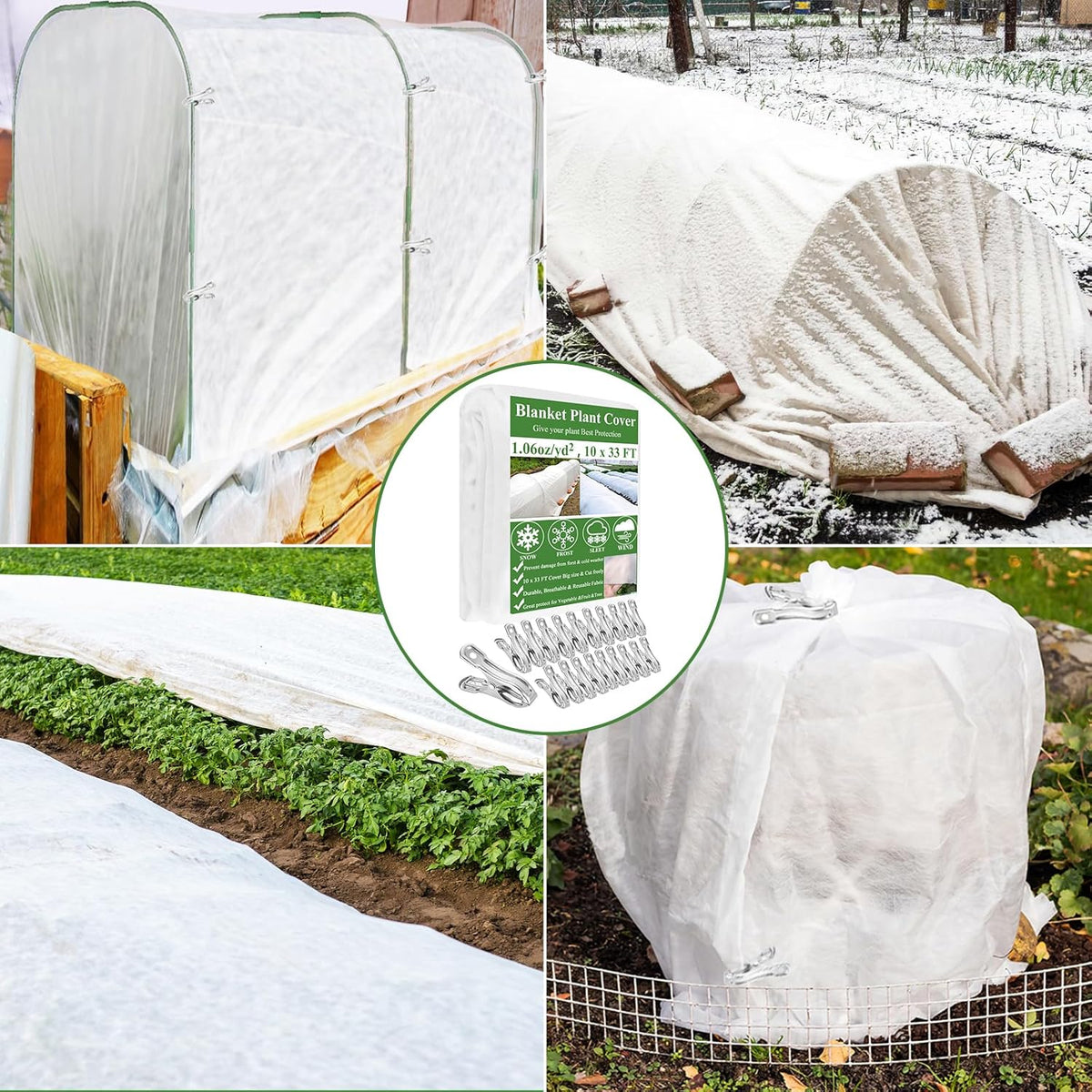 Plant Covers Freeze Protection 10 x 33Ft with 20 Stainless Steel Clips- Frost Cloths Plant Blankets Floating Row Cover for Outdoor Plants Winter Raised Bed Greenhouse Frost Sun Protection