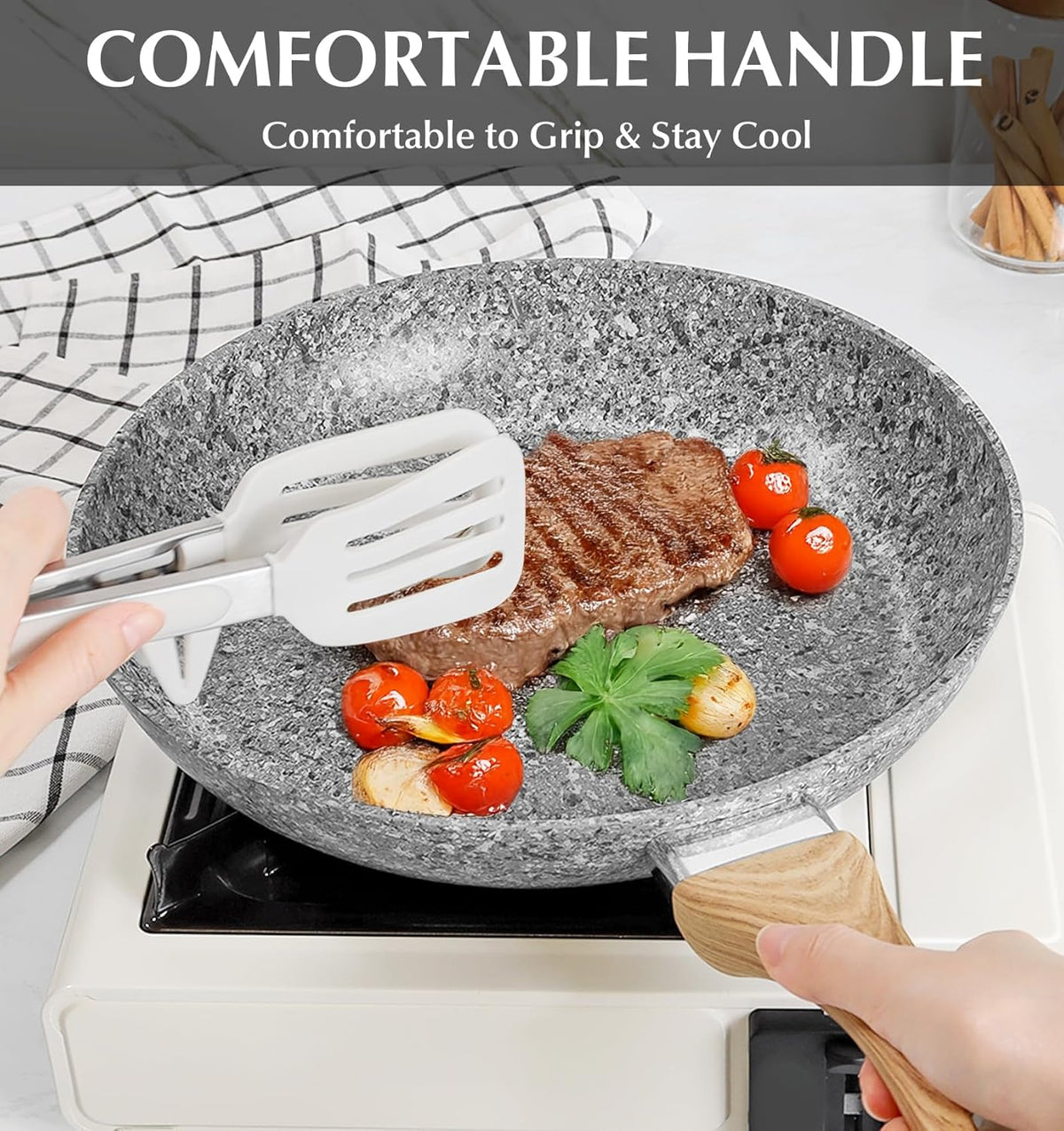 KOCH SYSTEME CS Nonstick Frying Pan with Lid, 12 Inch Grey Granite Frying Pan with Non-toxic Nonstick Coating, Aluminum Skillet with Heat-resistant Bakelite Handle, Induction Compatible, Oven Safe