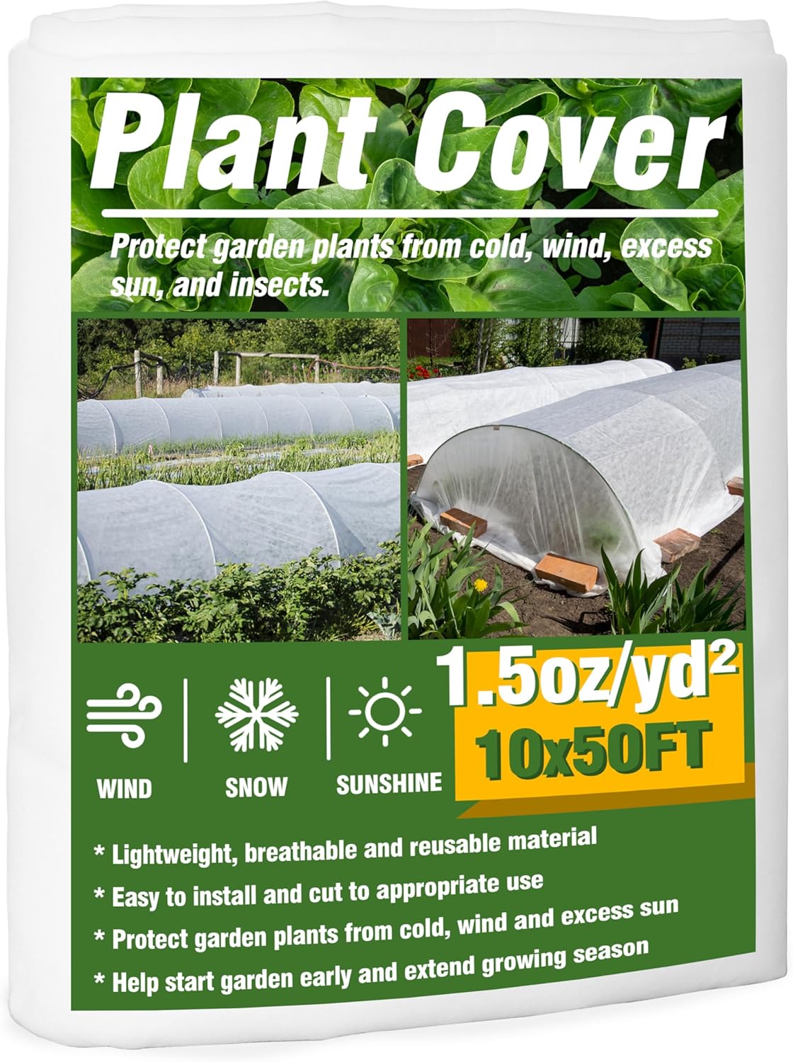 Gardzen 1.5 oz Plant Covers Freeze Protection, Reusable 10ft x 50ft Floating Row Covers, Thicker Frost Blankets for Outdoor Plants, Pests Protection, White
