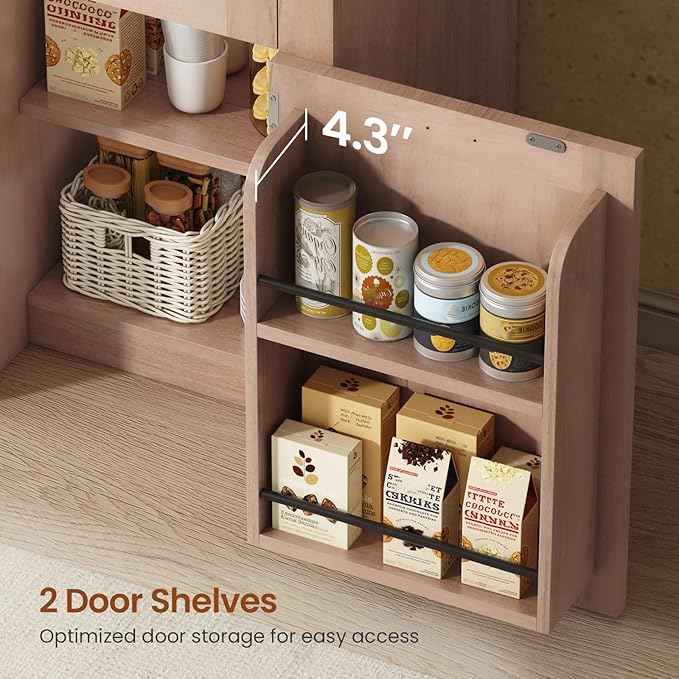 Itaar 71" Arched Kitchen Pantry Cabinet, Kitchen Storage Cabinets with 1 Large Drawer & Storage Cart 2 Tier & Door Shelves for Living Room, Dining Room, Natural Oak