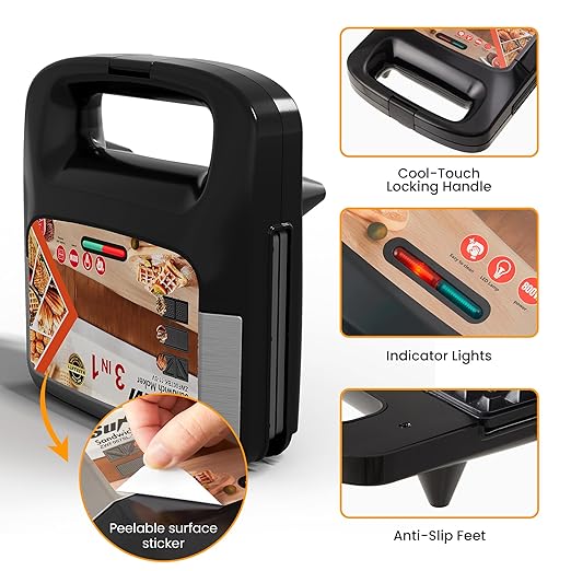 SUNVIVIPRO 3 in 1 Waffle, Grill & Sandwich Maker, Sandwich Maker Panini Press Waffle Iron Set with Removable Non-Stick Plates & Indicator Lights, Panini Press Grill for Breakfast, 800W, Silver