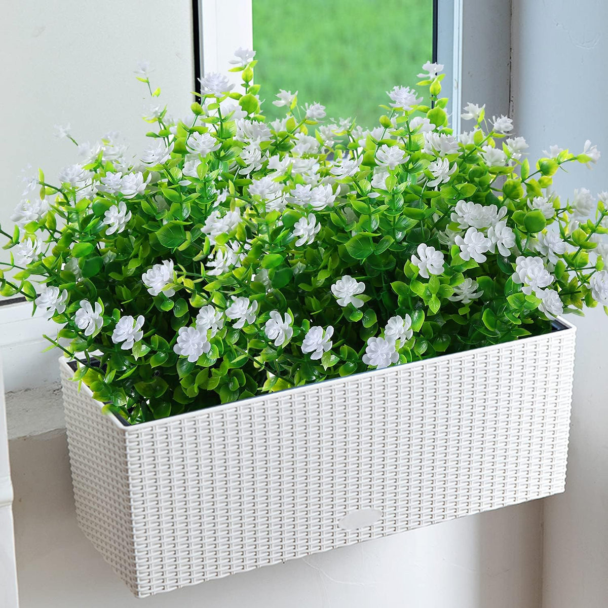 Artificial Plants Flowers Grass Shrubs 8 Pack No Fade Faux Plastic Flowers Outdoor for Vases Farmhouse Garden Porch Patio Office Indoor Wedding Decoration Greenery Fake Plants (2#White)