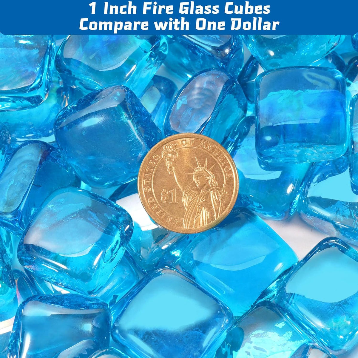 Fire Glass Cube, Fire Pit Rock Square for Indoor or Outdoor, Gas or Propane Firepit or Fireplace, Heat Resistant, No Poping or Breaking, Tempered Glass Bead, Caribbean Blue, 20lb