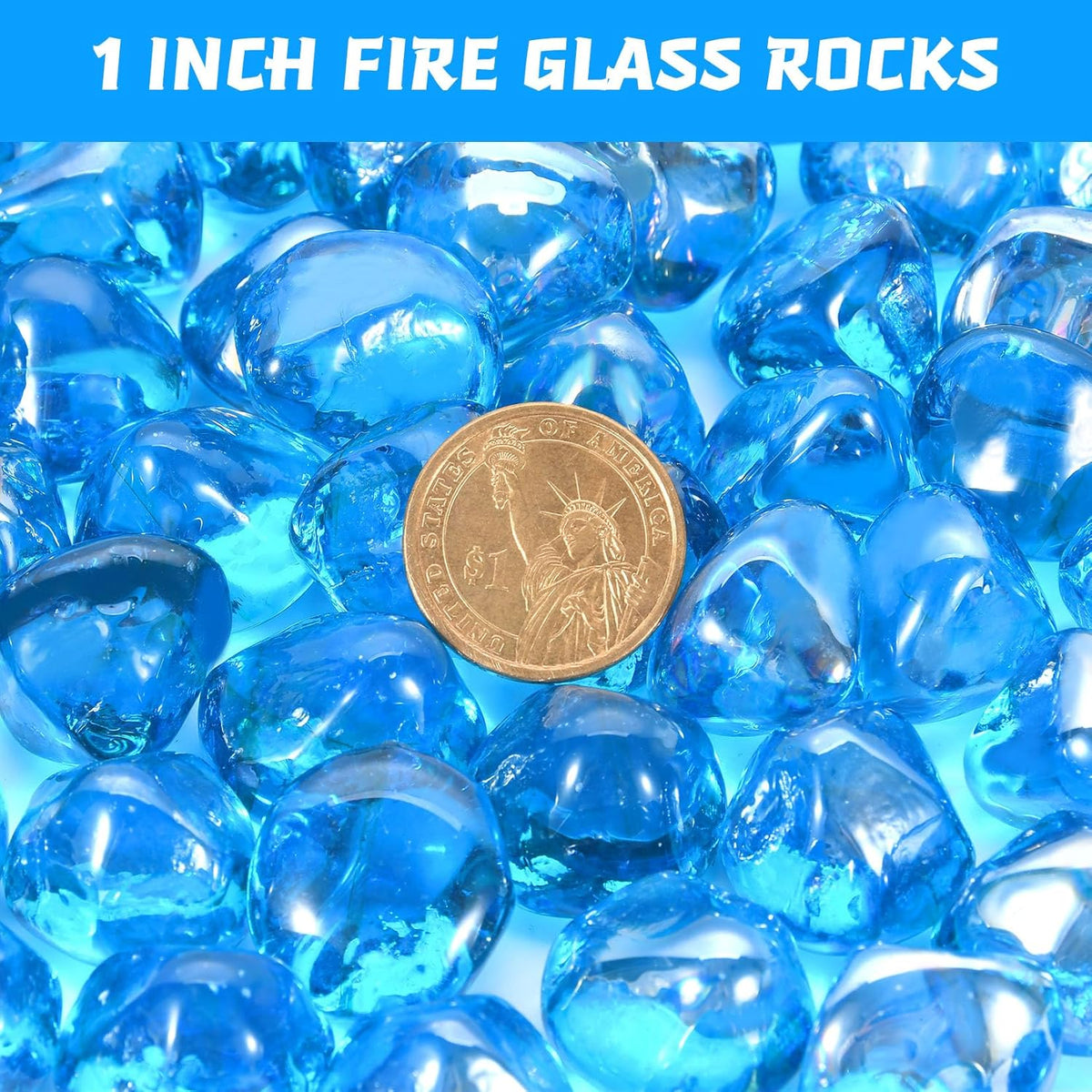 Fire Glass for Propane Firepit, Fireplace and Outdoor Decorative, Caribbean Blue Fire Pit Rocks 10LB, 1 Inch Diamond High Luster Glass Beads