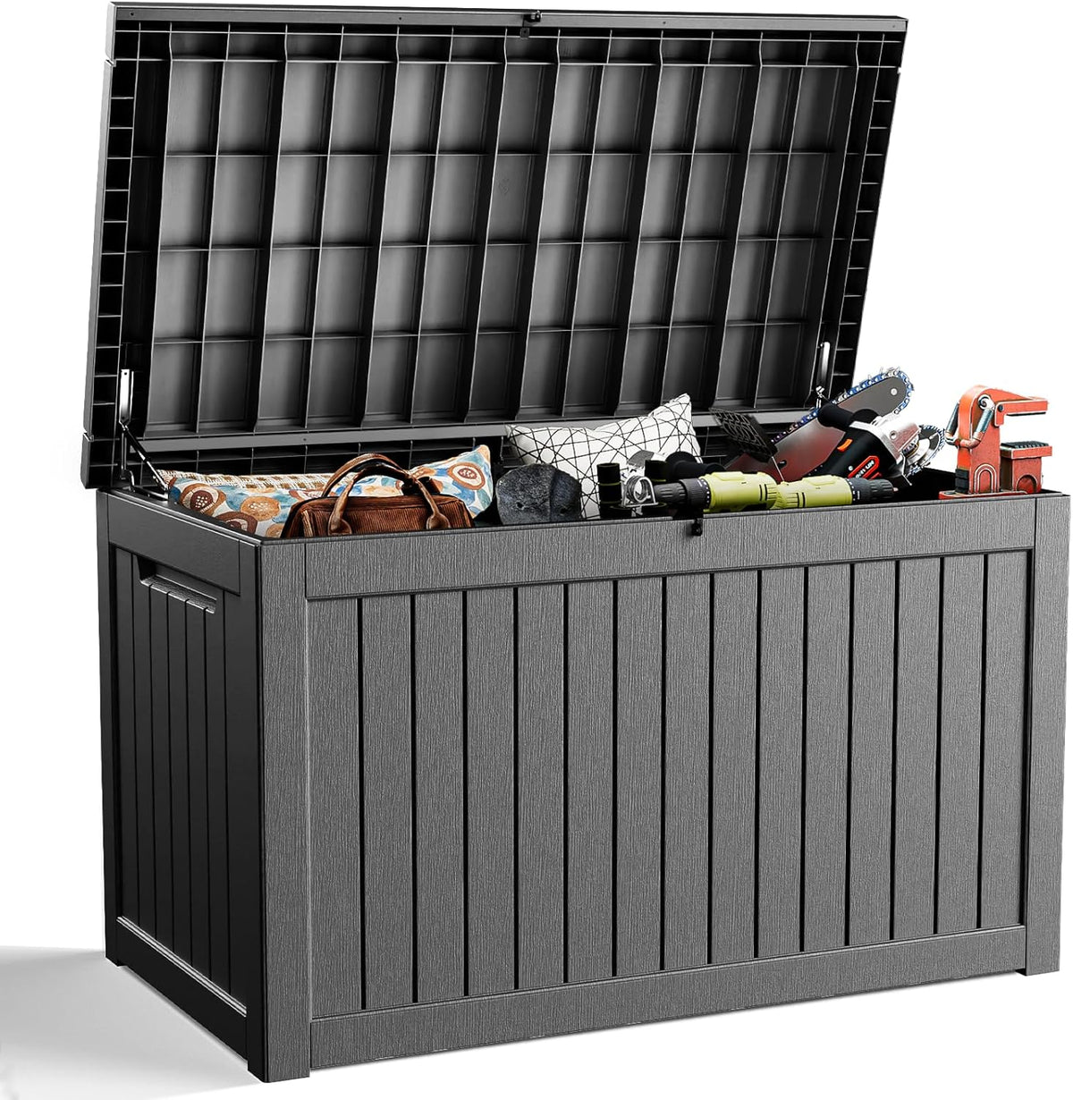 DRATO 230 Gallon Deck Box, Outdoor Large Waterproof Resin Storage Box with Lockable Lid for Patio Cushions, Gardening Tools, Sports Equipment, Black