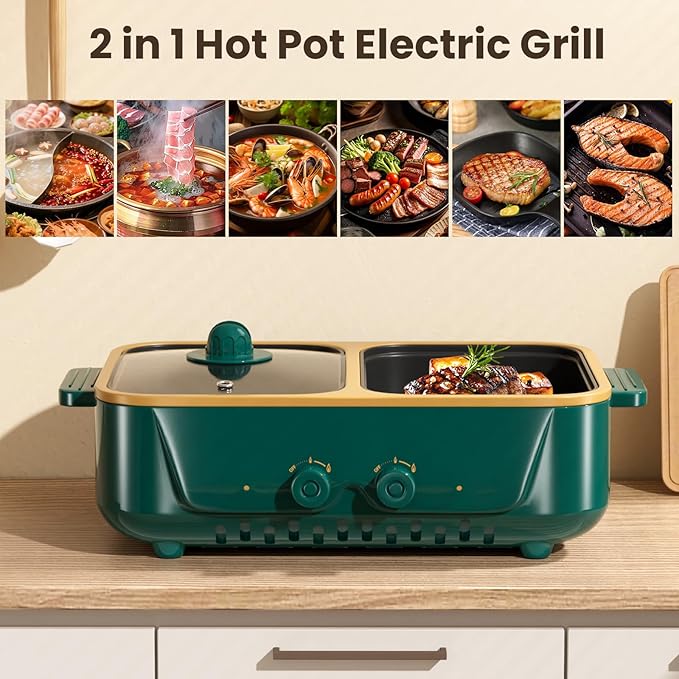2-in-1 Electric Hot Pot and Grill Combo,1000W Dual Temper Control, Fast Heating - Indoor Cooking Appliance for BBQ, Steaks, Noodles & More - Suitable for Up to 3 People (Green T)
