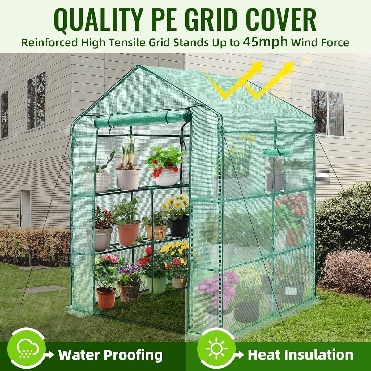 Greengro Greenhouse, 57 x 57 x 76'' Greenhouses for Outdoors, Durable Green House Kit with Window, Thicken PE Cover, 3 Tiers 8 Shelves, Heavy Duty Walk in Green Houses for Indoor Backyard Outside