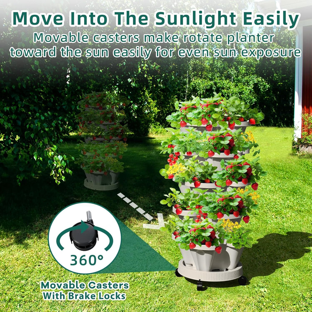 Strawberry Vertical Planter GardenTower, 5 Tiered Stackable Planter with Support Pole, Stacking Herb Vegetable Planters Indoor and Outdoor - Light Grey