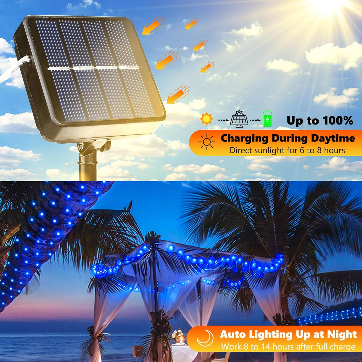 Joomer Solar Fairy Lights, 2-Pack Total 80FT 240LED Solar String Lights Outdoor Waterproof 8 Lighting Modes for Fence Party Garden Patio Yard Home Holiday Tree Outdoor Decoration (Blue)