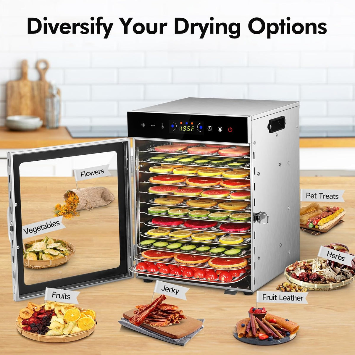 SUCICENI Food Dehydrator Machine 12 Stainless Steel Trays 1000W Meat Dehydrator for Home Use, 24H Timer & 195℉ Temperature Control Food Dryer for Jerky Fruit Herbs Mushroom Dog Treats