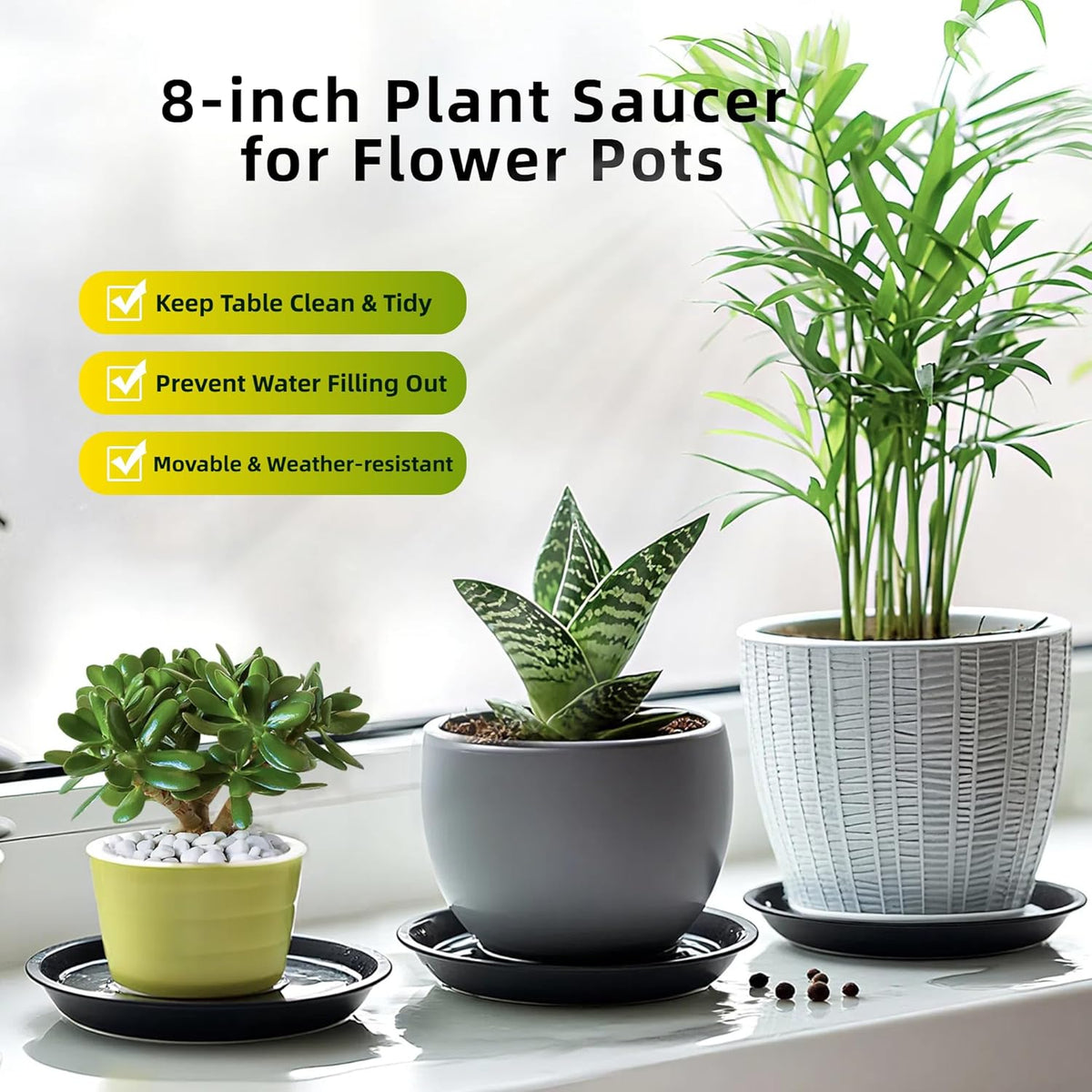 6 Pack 8 Inch Black Plant Saucers, Heavy Duty PP Plastic Plant Trays for Pots, Durable Flower Pot & Planter Saucers, Water Catcher Drip Trays Indoor Outdoor Use