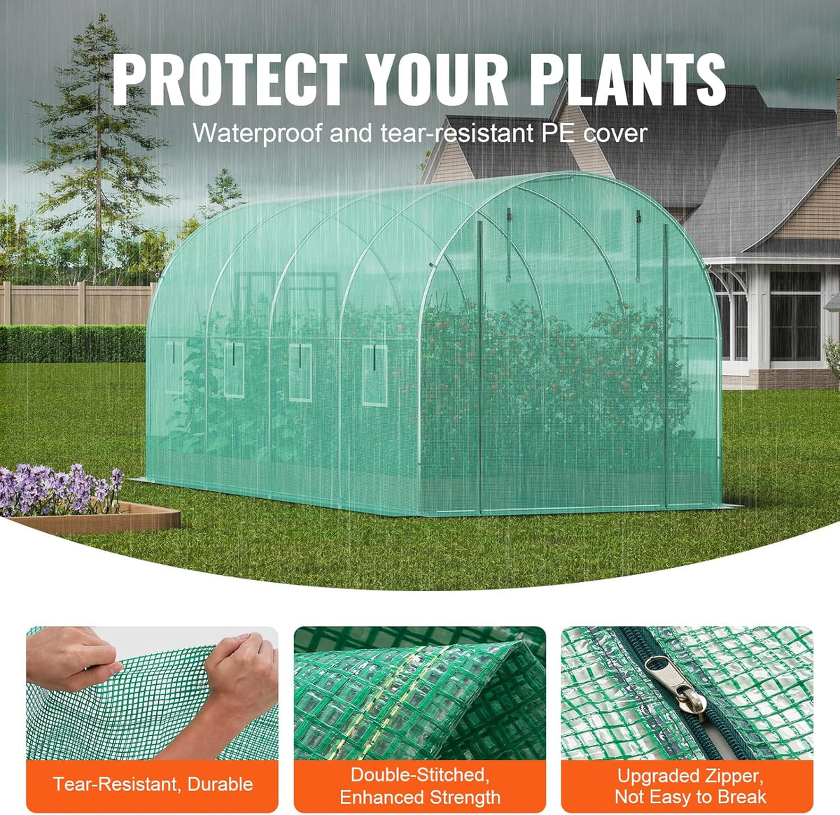 VEVOR Walk-in Tunnel Greenhouse, 14.6x6.4x6.3 ft Hoop House Greenhouse Tunnel, Plant Hot House with Galvanized Steel Frame, Green PE Cover, Roll-up Zipper Door and 8 Windows for Outdoor