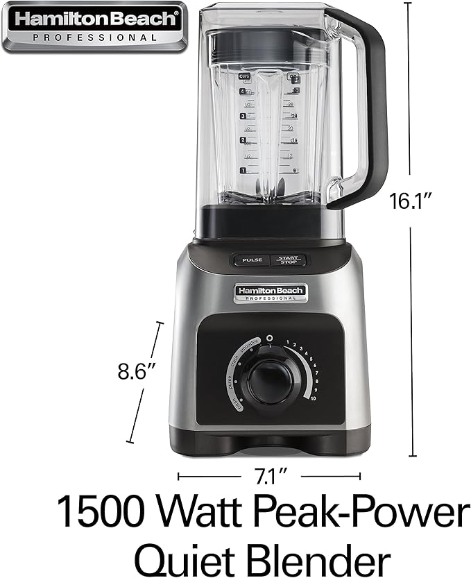 Hamilton Beach Professional Quiet Shield Blender, 1500 Watts Peak Power, 32oz BPA Free Jar, 4 Programs & Variable Speed Dial for Smoothies, Ice Crush, Puree, Silver (58870)